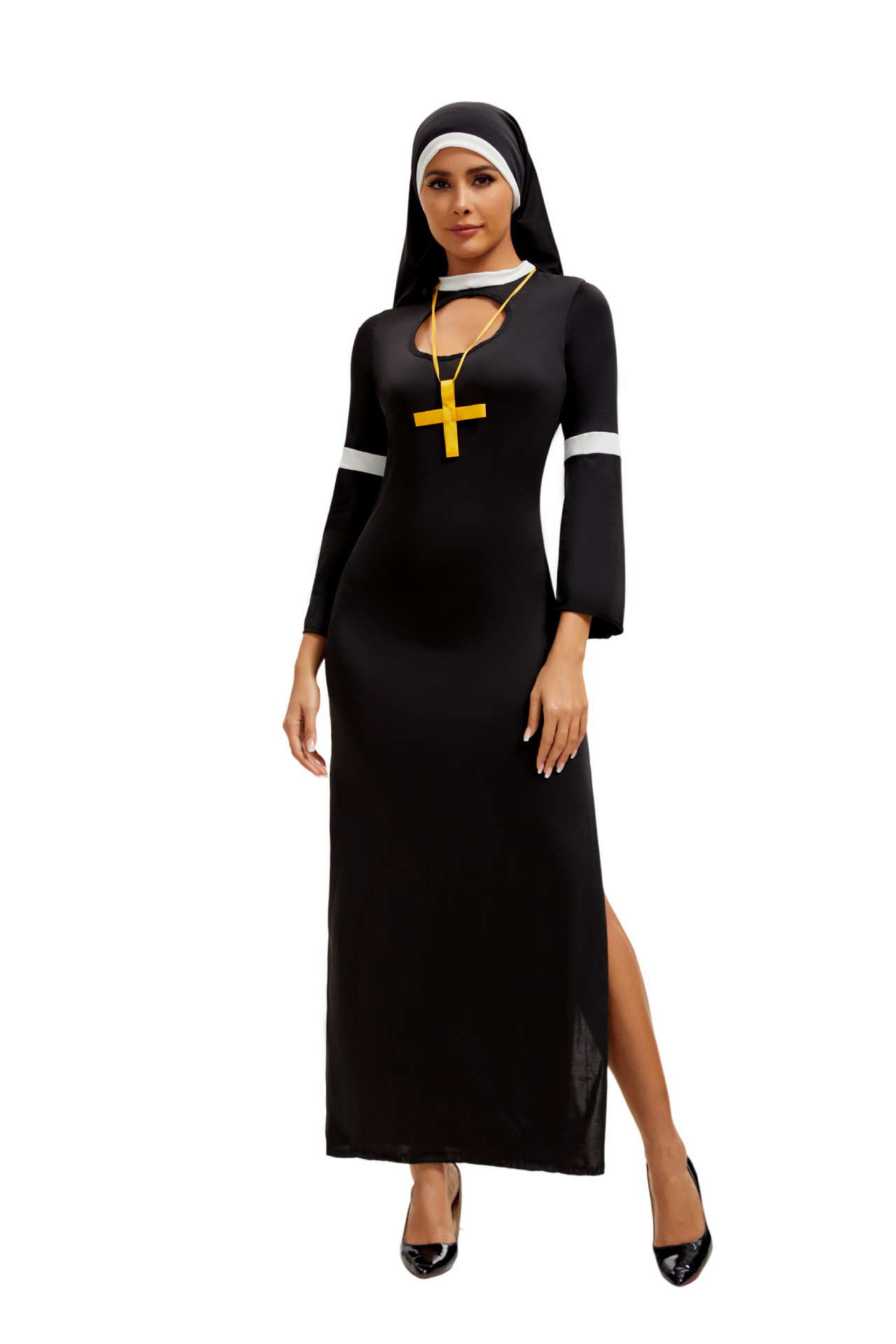 Sexy Cosplay Nun Costumes 3 Piece Sets Cutout Split Maxi Dresses